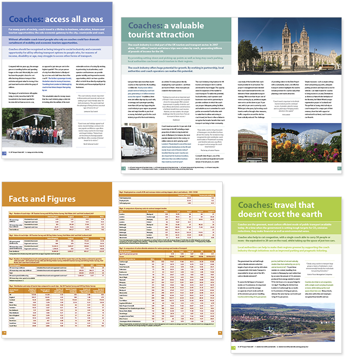 16 page report for the Confederation of Passenger Transport promoting the value of coaches to the economy, including original photography.